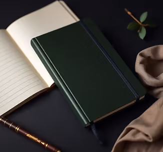 A dark green hardback notebook beside an open lined journal on a near-black surface