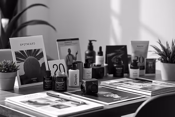 A table laid out with printed product materials from a recent photoshoot, black and white
