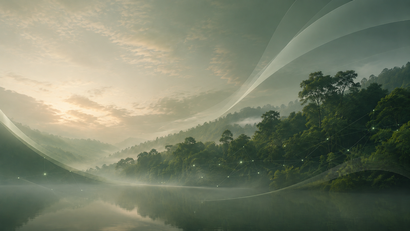 Mist over a still river at dawn with forested hills, overlaid with a faint network of connected nodes