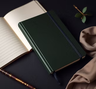 A dark green hardback notebook beside an open lined journal on a near-black surface